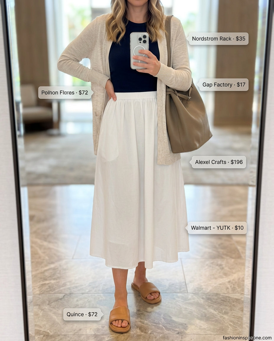 Cream midi skirt, navy tank, and cardigan for casual summer road trip outfits for women 2026.