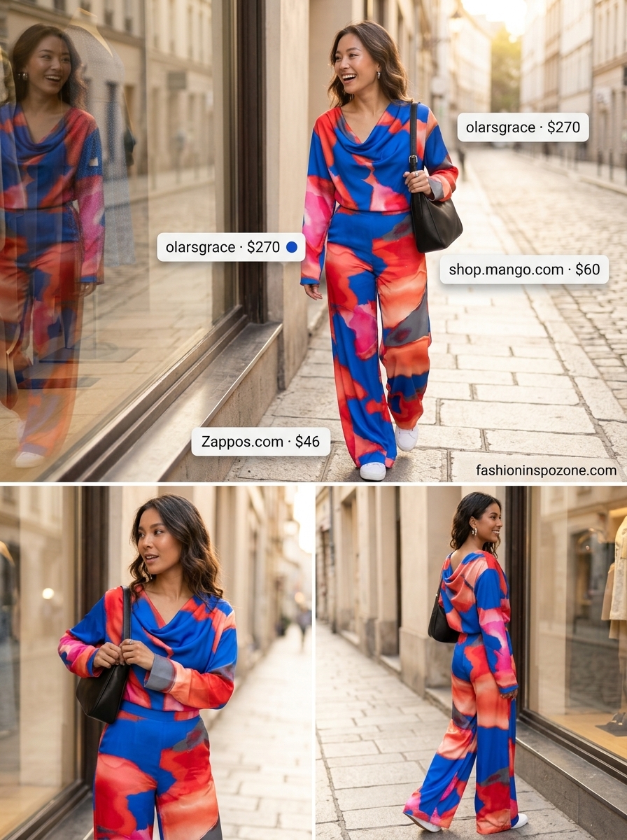 Bold summer outfits 2026: Abstract print matching set, white sneakers, chunky hoops, and crossbody bag.