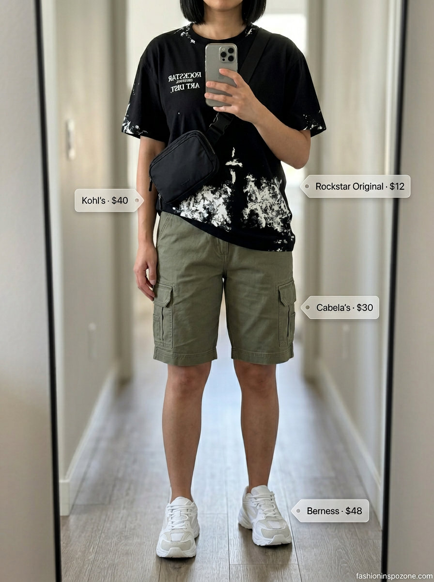 Casual summer short outfits with sneakers for women 2026: Olive cargo shorts, graphic tee, black cap, and chunky sneakers.