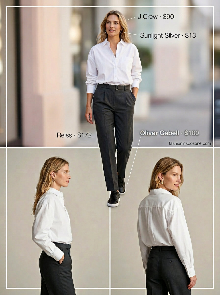 Chic city outfit 2026: Charcoal trousers, white button-down, black sneakers, and leather crossbody for smart casual.