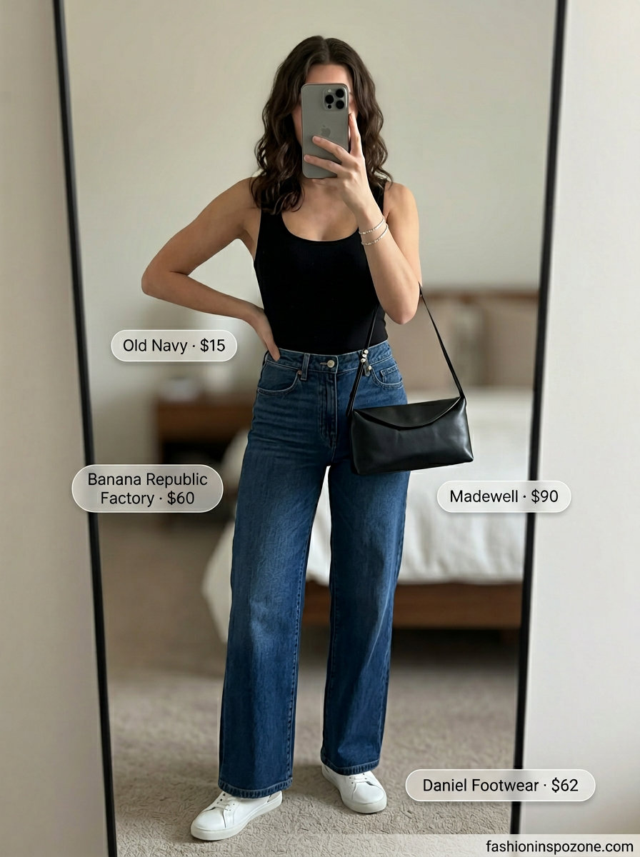 Chic city outfits 2026: Wide-leg jeans, black bodysuit, white sneakers, and leather shoulder bag for dinner.