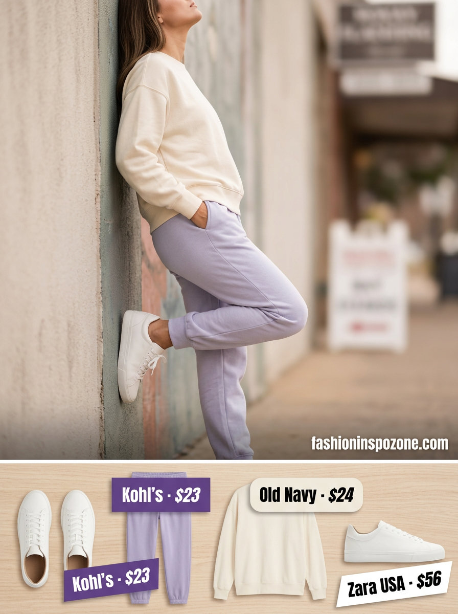 Casual summer short outfits with sneakers for women 2026: Lavender knit joggers, cream sweatshirt, and white sneakers.