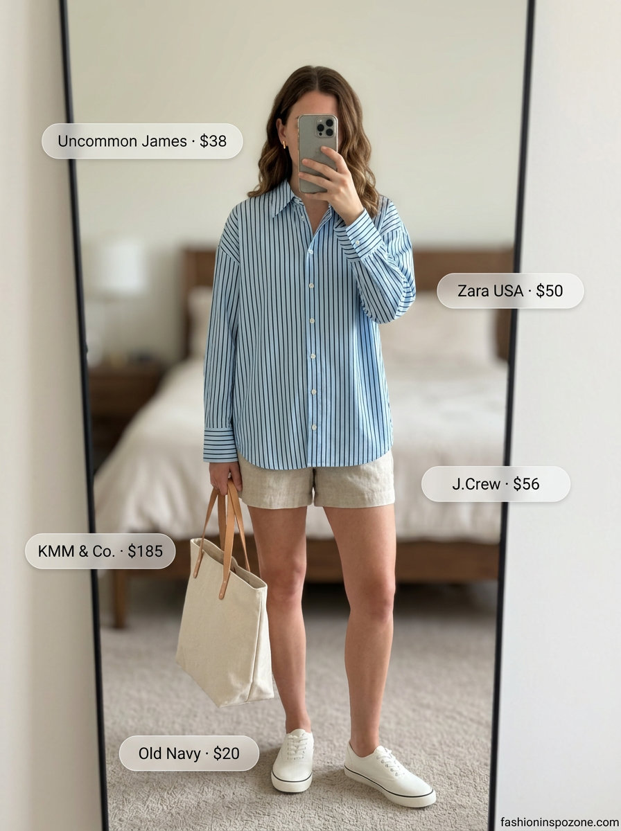 Casual summer short outfits with sneakers for women 2026: Striped oversized shirt, linen shorts, and canvas sneakers.