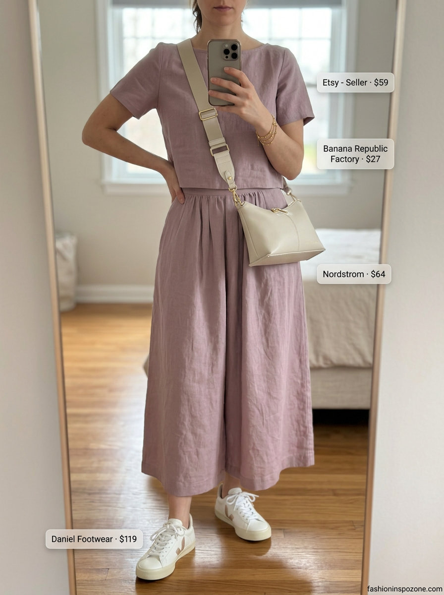 Casual summer short outfits with sneakers for women 2026: Blush pink linen matching set with white sneakers.