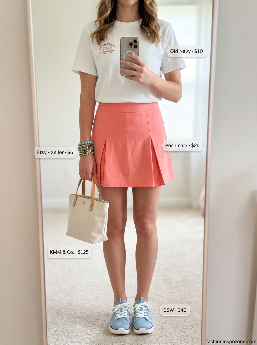 Playful summer outfits 2026: Coral mini skirt, white graphic tee, light blue sneakers, and canvas tote for fun.