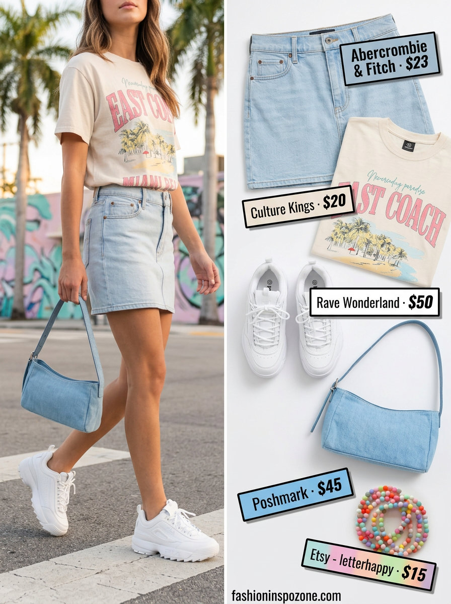 Casual summer short outfits with sneakers for women 2026: Light wash denim mini skirt, graphic tee, and platform sneakers.