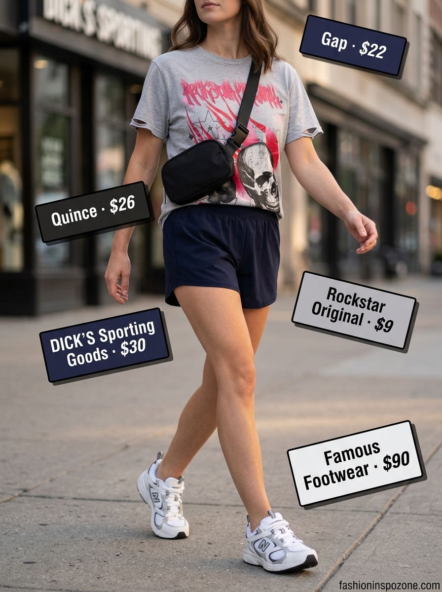 Casual summer short outfits with sneakers for women 2026: Navy athletic shorts, grey graphic tee, white sneakers, and baseball cap for errands.