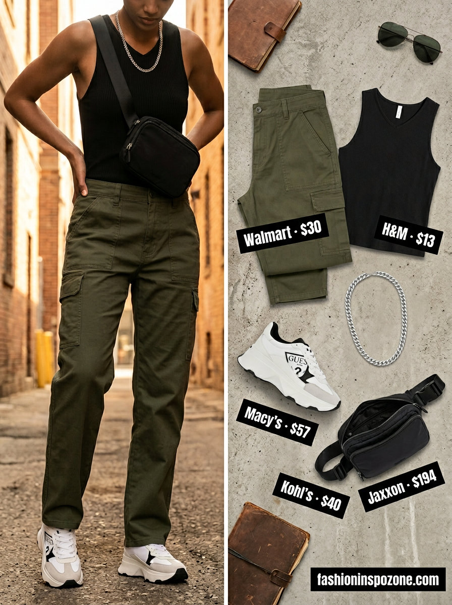 Urban summer outfits 2026: Olive cargo pants, black tank, chunky sneakers, and belt bag for city exploring.