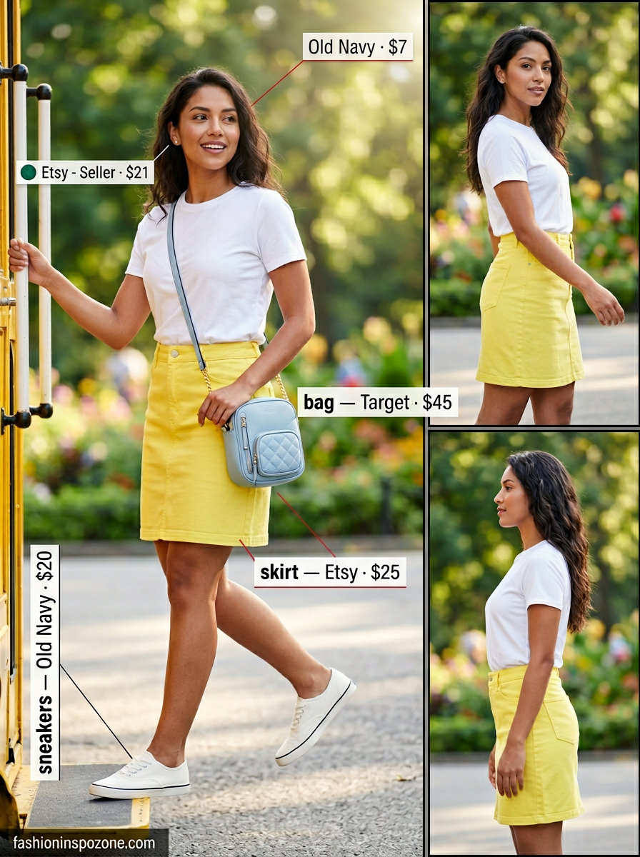 Casual summer short outfits with sneakers for women 2026: Yellow denim skirt, white tee, crossbody bag, and sneakers.