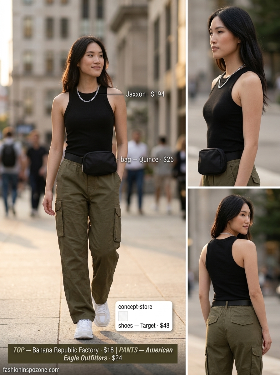 Edgy casual summer short outfits 2026: Cargo pants, tank, and chunky sneakers.