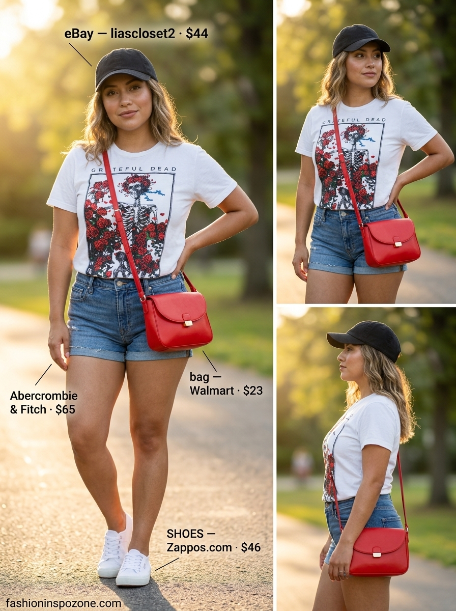 Casual summer short outfits for women 2026: Denim shorts, graphic tee, baseball cap, crossbody bag, and sneakers.