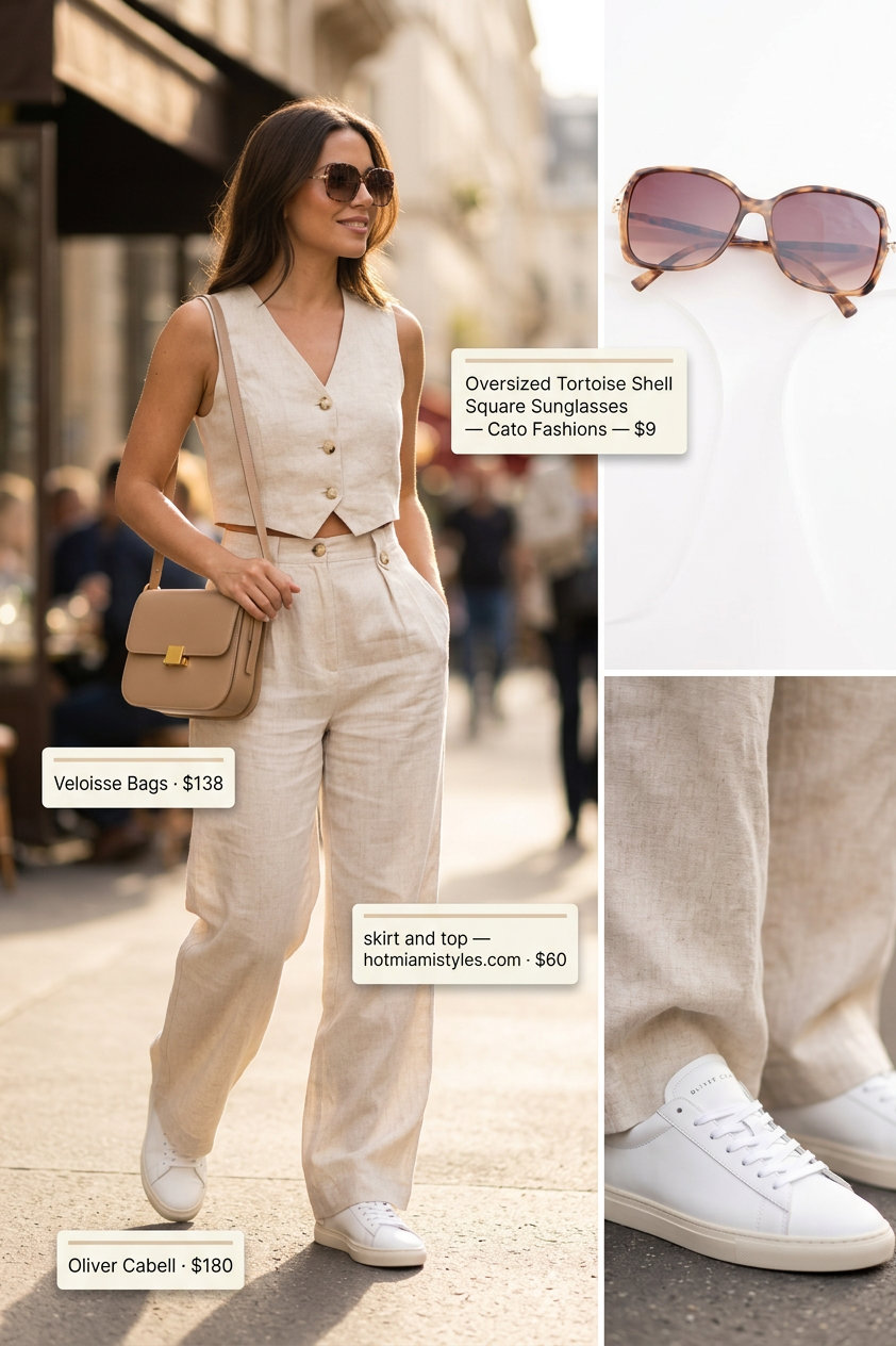 Chic casual summer short outfits 2026: Linen knit set with sneakers for a relaxed brunch vibe.
