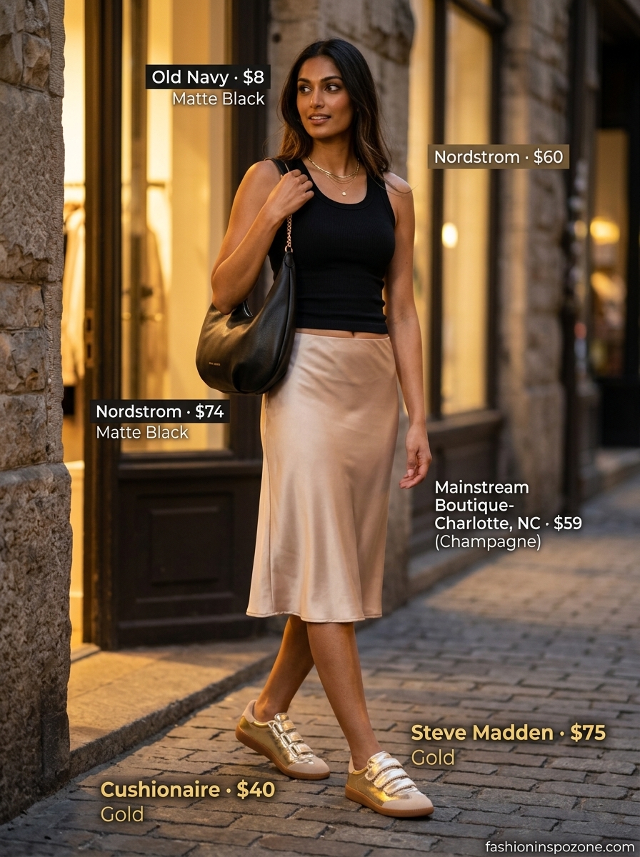 Sophisticated casual summer short outfits 2026: Slip skirt, tank, and sneakers for evening.