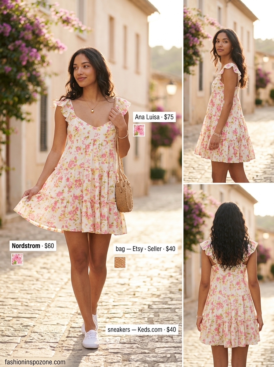 Feminine casual summer short outfits 2026: Sundress, sneakers, and straw bag.