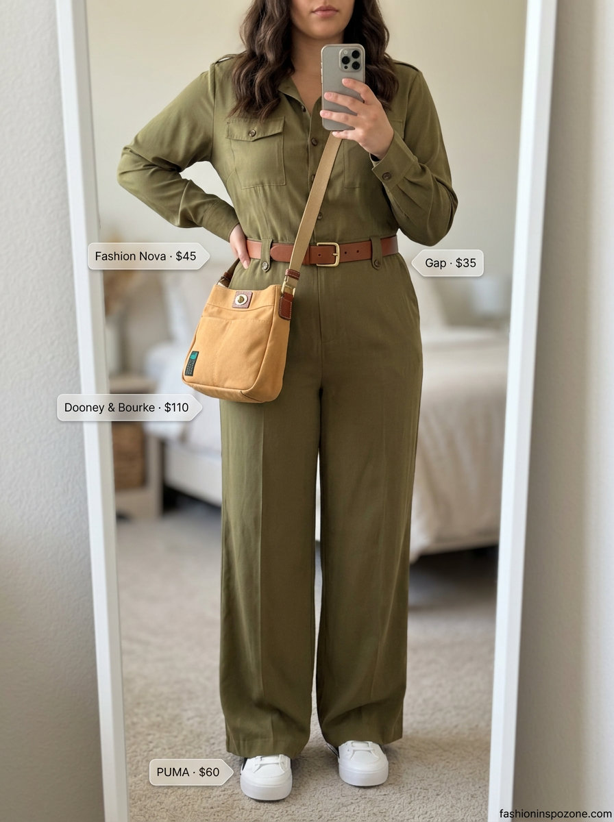 Adventurous casual summer short outfits 2026: Utility jumpsuit with sneakers for a day out.