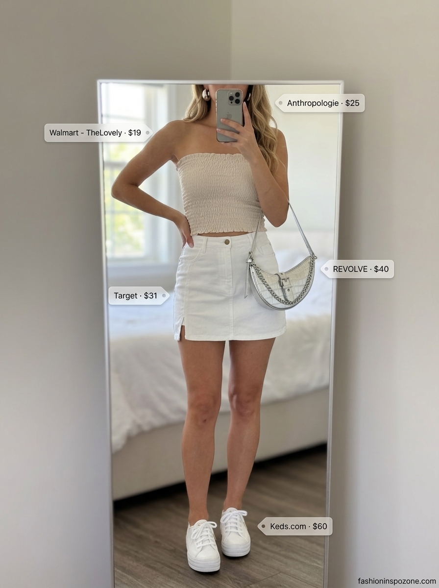 Hot pink smocked tube top with white denim mini skirt and platform sneakers for festival outfits for women 2026.