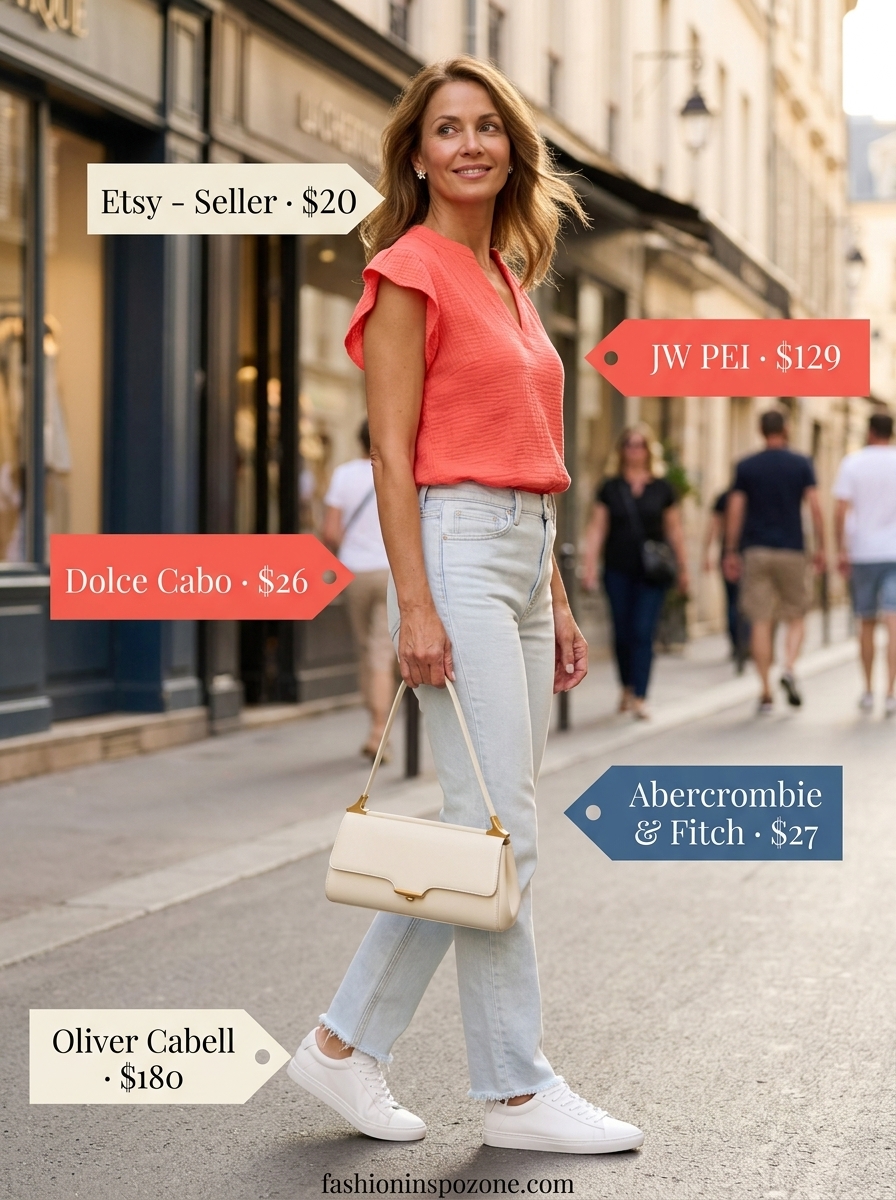 Chic Summer Outfit for Women Over 50 2026: Casual Style Chic summer outfit for women over 50 2026: Coral blouse and light wash jeans for a polished casual look.