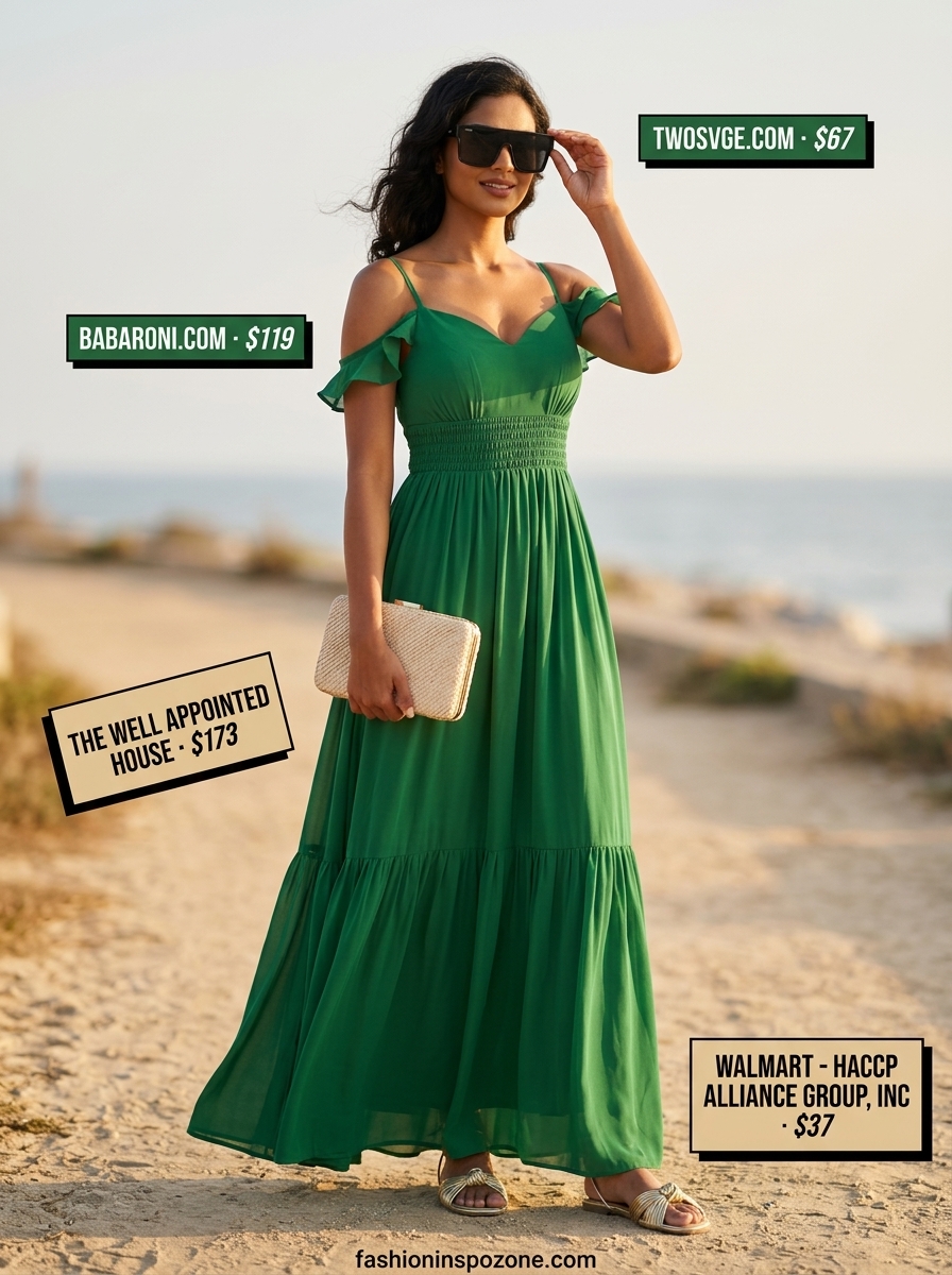 Chic Summer Outfit for Women Over 50 2026: Resort Dress Chic summer outfit for women over 50 2026: Emerald green maxi dress with gold accents for resort evenings.