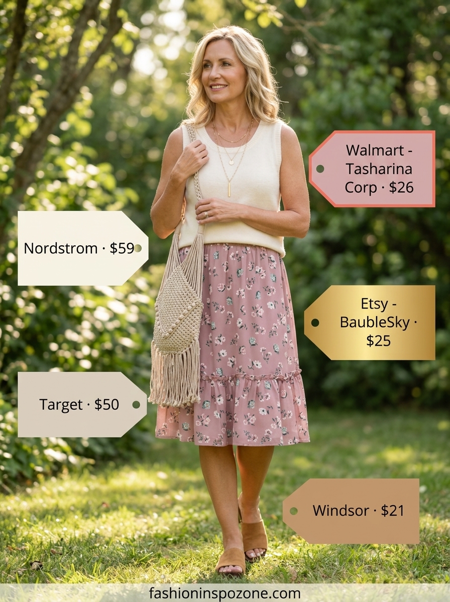 Chic Summer Outfit for Women Over 50 2026: Garden Party Chic summer outfit for women over 50 2026: Dusty rose floral skirt with ivory knit top for a garden party.