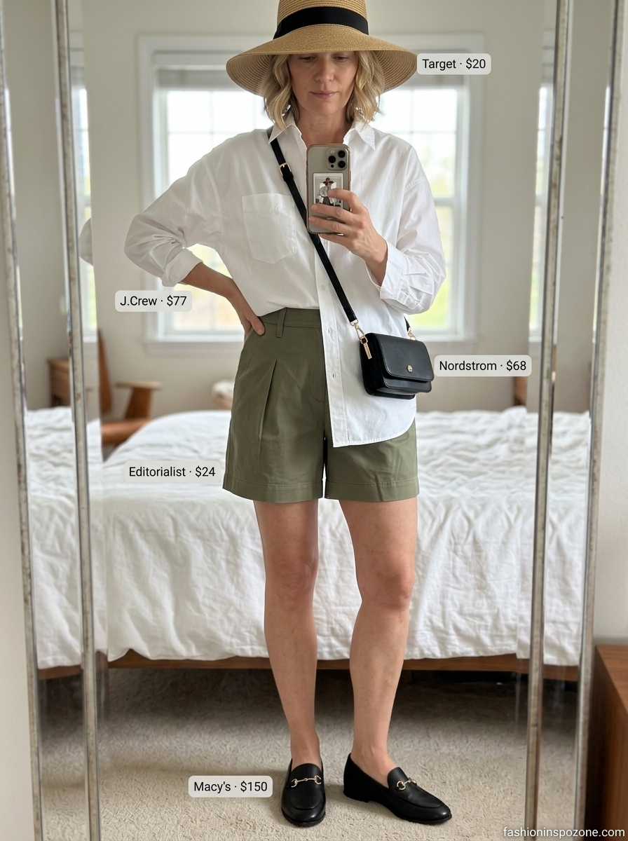 Chic Summer Outfit for Women Over 50 2026: Smart Casual Chic summer outfit for women over 50 2026: Khaki shorts, white shirt, and loafers for a smart casual look.