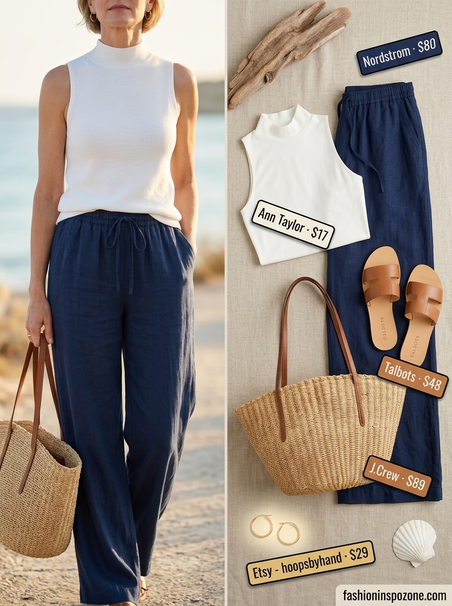 Chic Summer Outfit for Women Over 50 2026: Coastal Style Chic summer outfit for women over 50 2026: Navy linen pants with white tank and tan sandals for a coastal look.