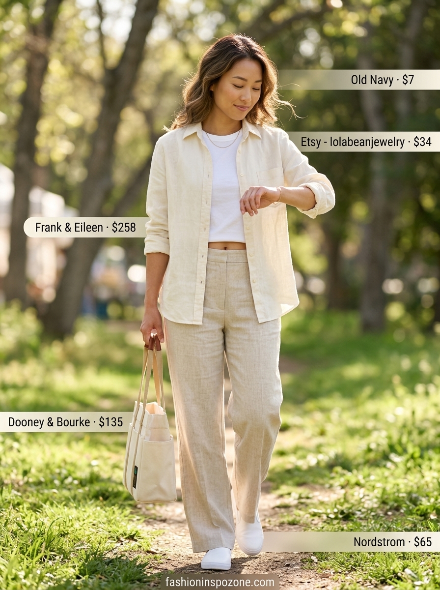 Chic Summer Outfit for Women Over 50 2026: Matching Set Chic summer outfit for women over 50 2026: Oatmeal linen matching set with white tee for market strolls.