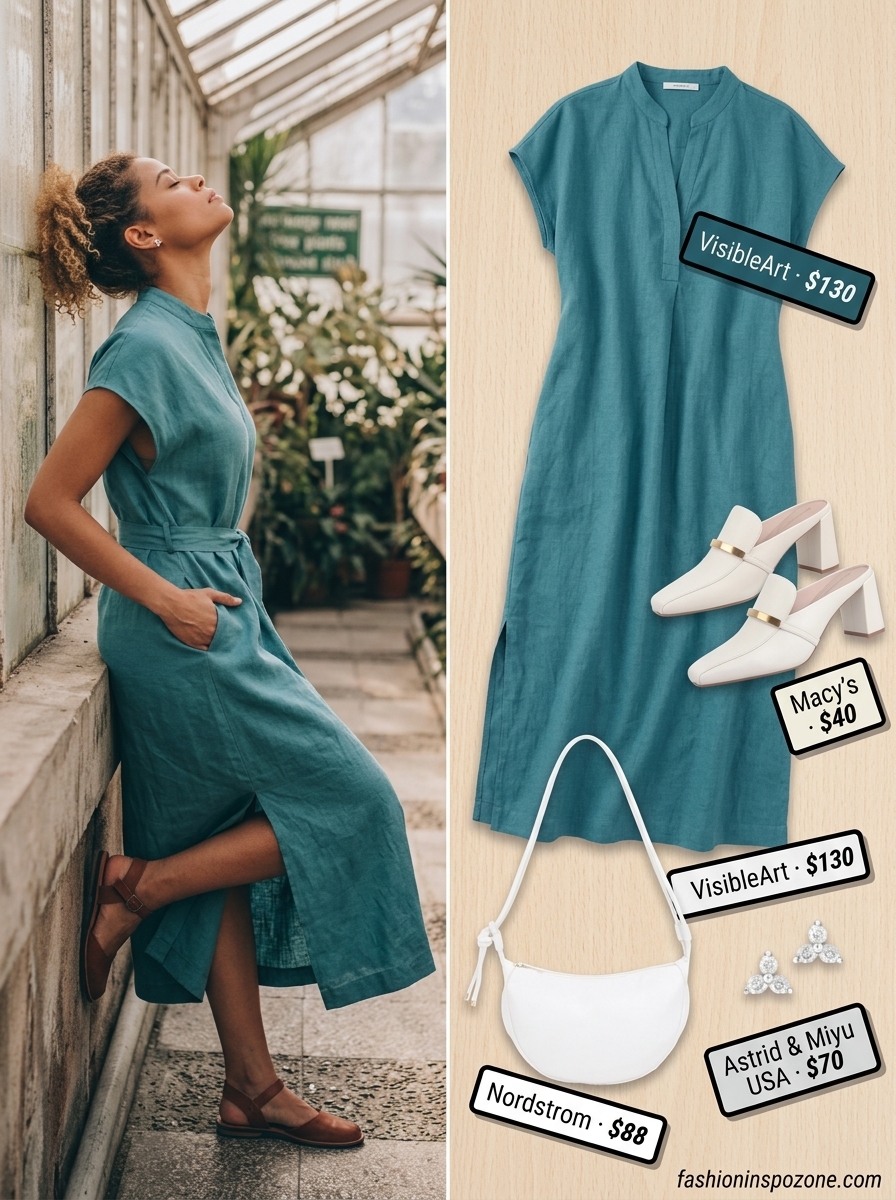 Chic Summer Outfit for Women Over 50 2026: Brunch Dress Chic summer outfit for women over 50 2026: Sky blue midi shirt dress with white mules for garden brunch.