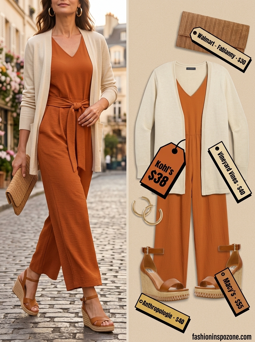 Chic Summer Outfit for Women Over 50 2026: Jumpsuit Style Chic summer outfit for women over 50 2026: Terracotta wide-leg jumpsuit with espadrille wedges for evening dinner.