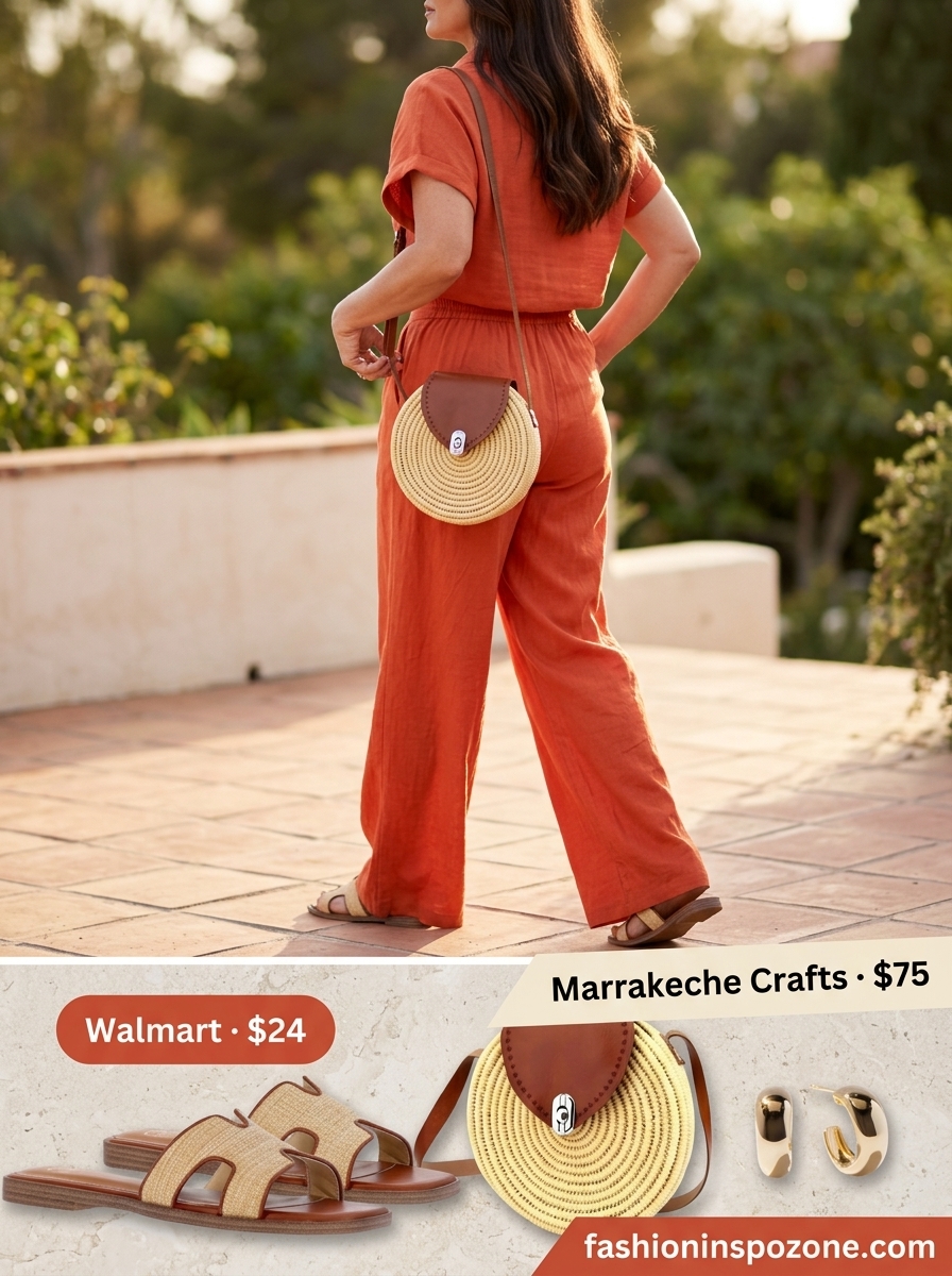 Chic Summer Outfit for Women Over 50 2026: Linen Set Chic summer outfit for women over 50 2026: Terracotta linen matching set with gold accessories for a patio dinner.