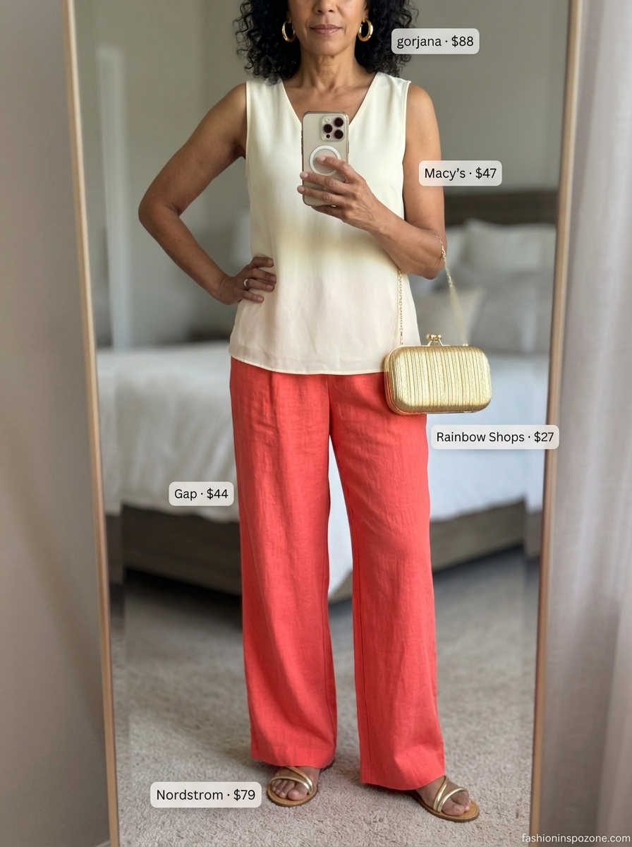 Chic Summer Outfit for Women Over 60 2026: Coral Trousers Chic summer outfit for women over 60 2026: Coral linen trousers, cream blouse, and gold accessories for a resort dinner.