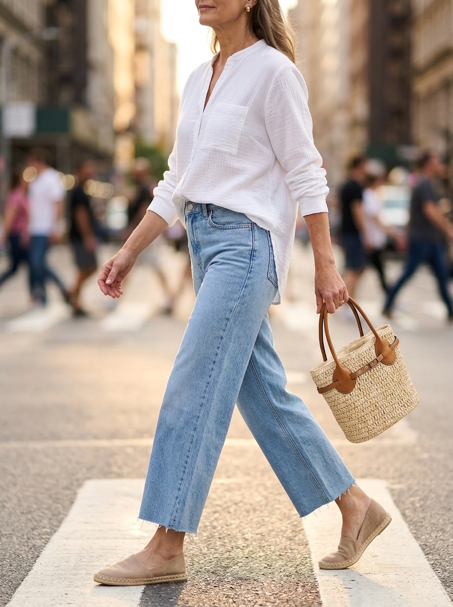 Chic Summer Outfit for Women Over 60 2026: Denim Jeans Chic summer outfit for women over 60 2026: Cropped denim jeans, white tunic top, and straw bag for a casual outing.