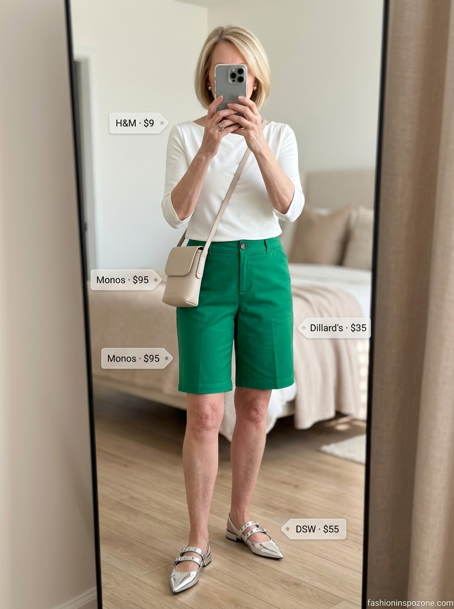 Chic Summer Outfit for Women Over 60 2026: Emerald Shorts Chic summer outfit for women over 60 2026: Emerald green Bermuda shorts, white knit top, and silver ballet flats for a day trip.