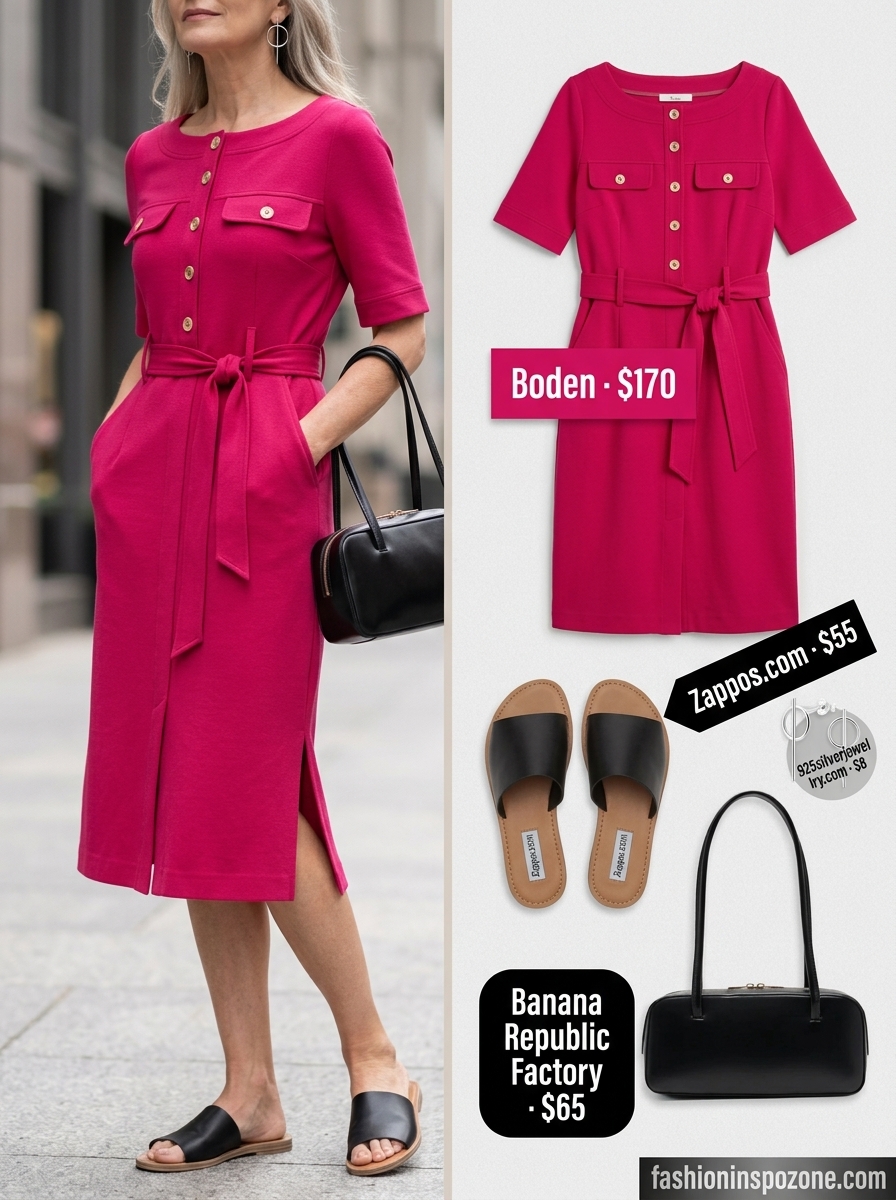 Chic Summer Outfit for Women Over 60 2026: Fuchsia Dress Chic summer outfit for women over 60 2026: Bright fuchsia A-line dress, black slides, and silver geometric earrings for a day out.