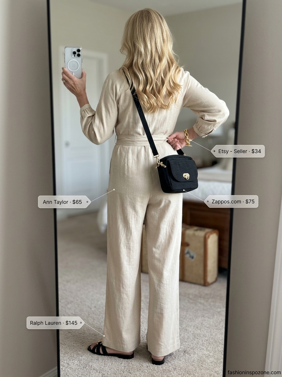 Chic Summer Outfit for Women Over 60 2026: Khaki Jumpsuit Chic summer outfit for women over 60 2026: Khaki utility jumpsuit, black crossbody bag, and gold accessories for travel.