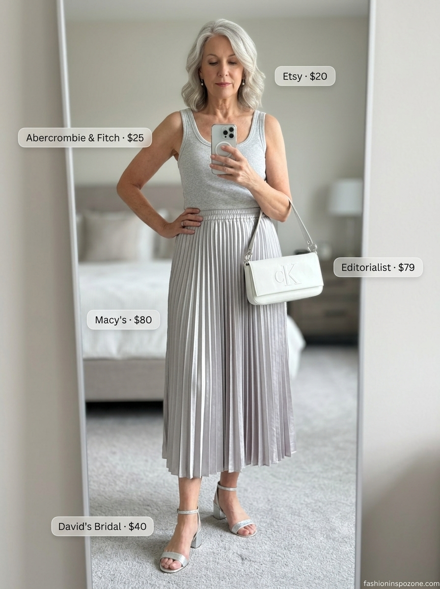 Chic Summer Outfit for Women Over 60 2026: Lavender Skirt Chic summer outfit for women over 60 2026: Lavender pleated midi skirt, grey tank, and silver block heels for a garden party.
