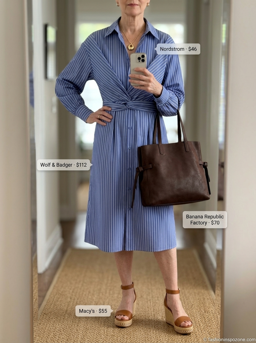 Chic Summer Outfit for Women Over 60 2026: Striped Shirt Dress Chic summer outfit for women over 60 2026: Navy and white striped shirt dress, tan tote, and espadrille wedges for brunch.