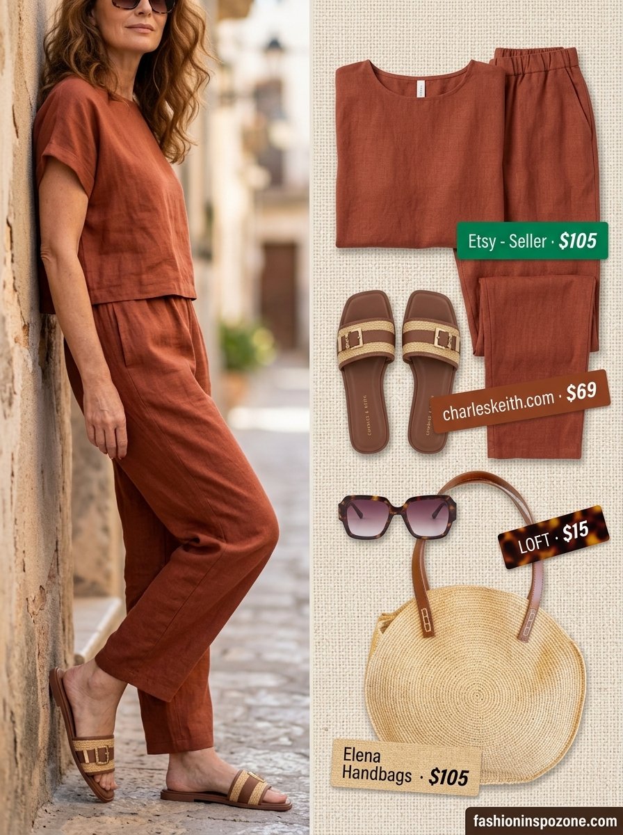 Chic Summer Outfit for Women Over 60 2026: Linen Set Chic summer outfit for women over 60 2026: Terracotta linen matching set, straw crossbody, and raffia slides for resort wear.