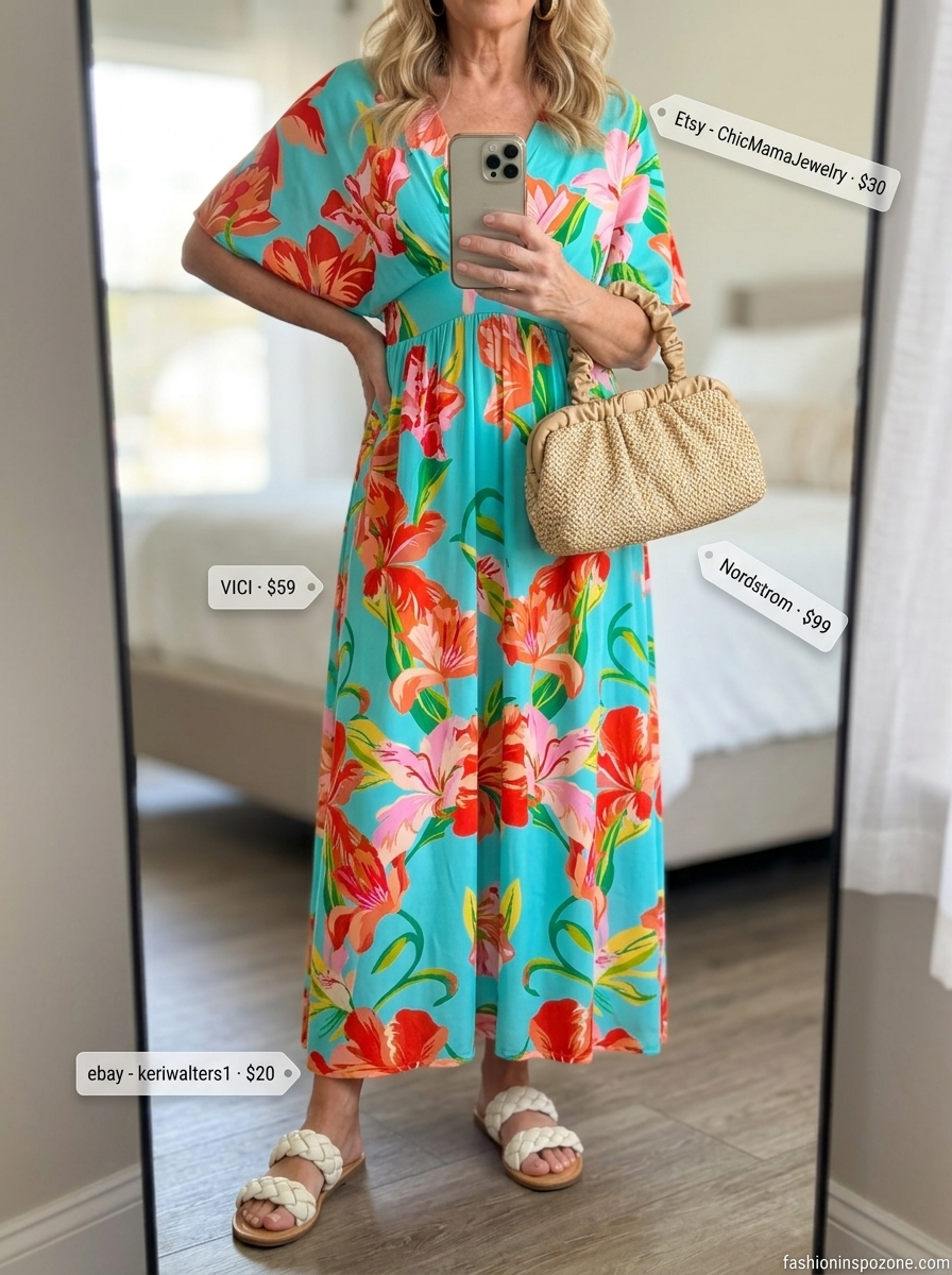 Chic Summer Outfit for Women Over 60 2026: Resort Maxi Dress Chic summer outfit for women over 60 2026: Turquoise maxi caftan dress, straw clutch, and gold hoops for resort wear.
