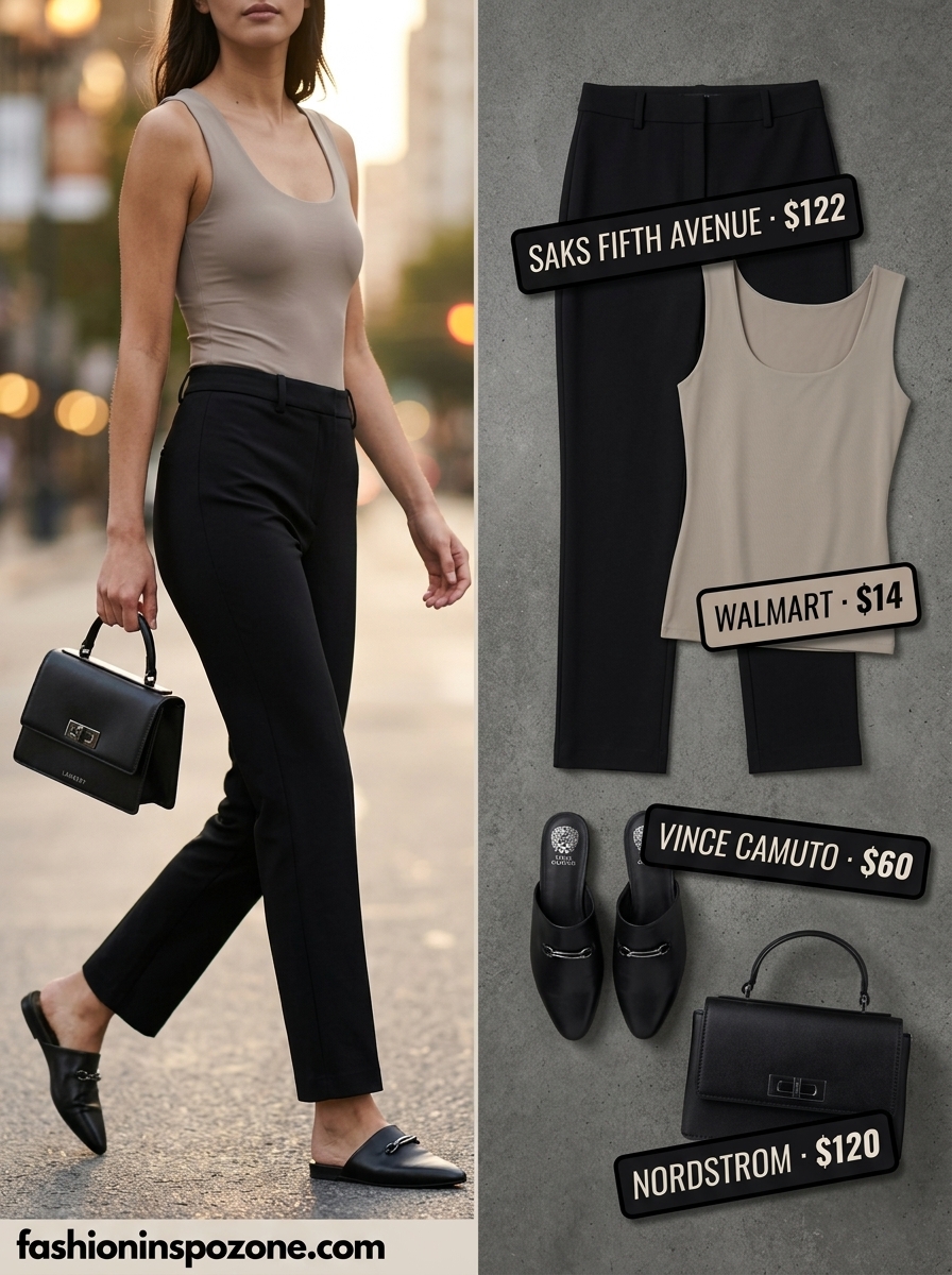 Chic Summer Outfit for Women Over 50 2026: Urban Explorer Chic summer outfit for women over 50 2026: Black trousers, grey tank, black mules for city.