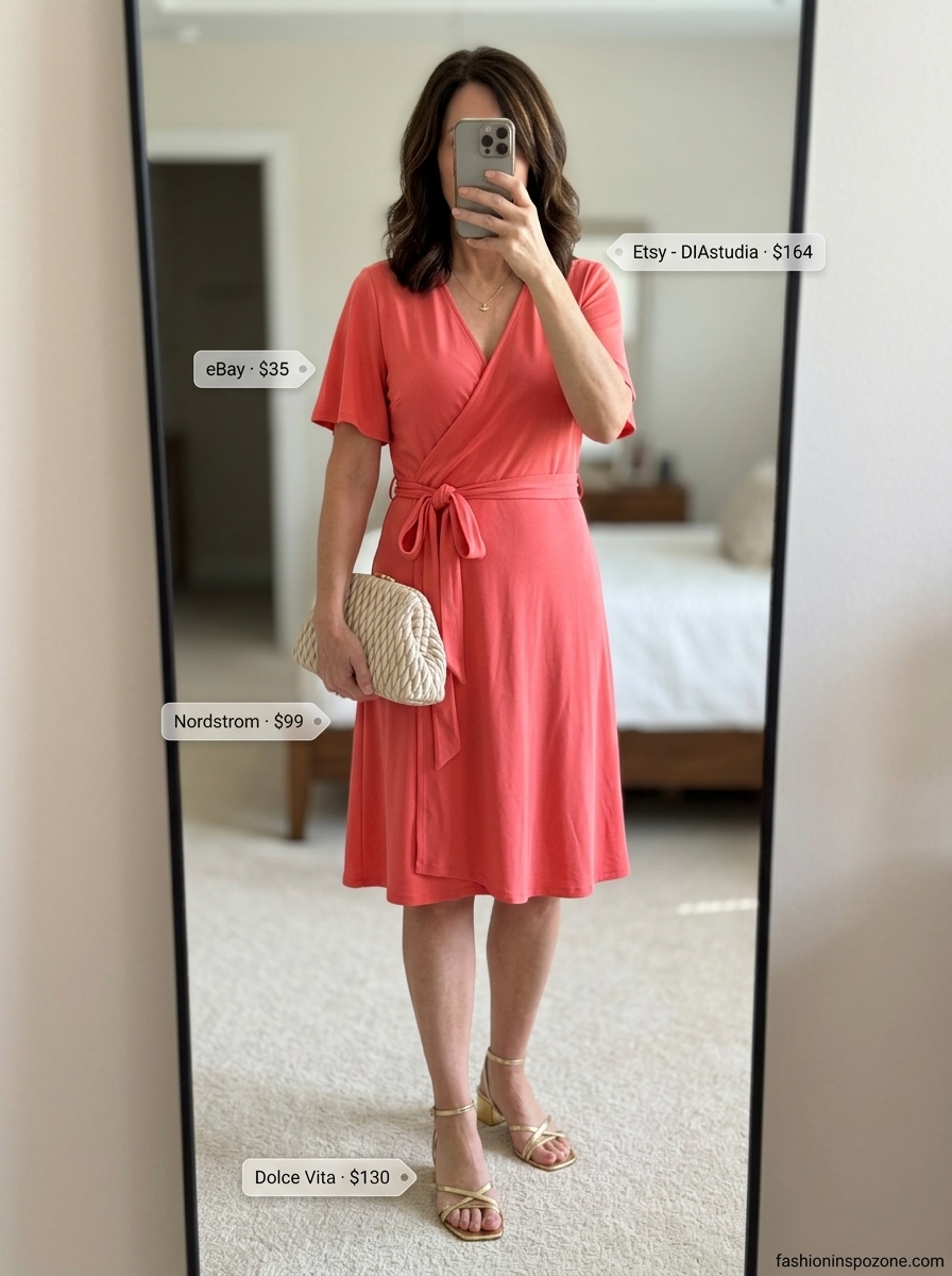 Chic Summer Outfit for Women Over 50 2026: Luncheon Elegance Chic summer outfit for women over 50 2026: Coral wrap dress, gold heels, cream clutch for luncheon.