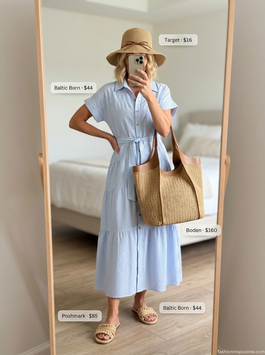Chic Summer Outfit for Women Over 50 2026: Coastal Escape Chic summer outfit for women over 50 2026: Blue & white striped maxi shirt dress, straw hat, and raffia sandals for a coastal escape.