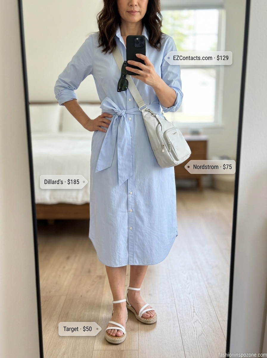 Chic Summer Outfit for Women Over 50 2026: Fresh Day Out Chic summer outfit for women over 50 2026: Powder blue shirt dress, espadrilles, and silver crossbody bag for a fresh day out.
