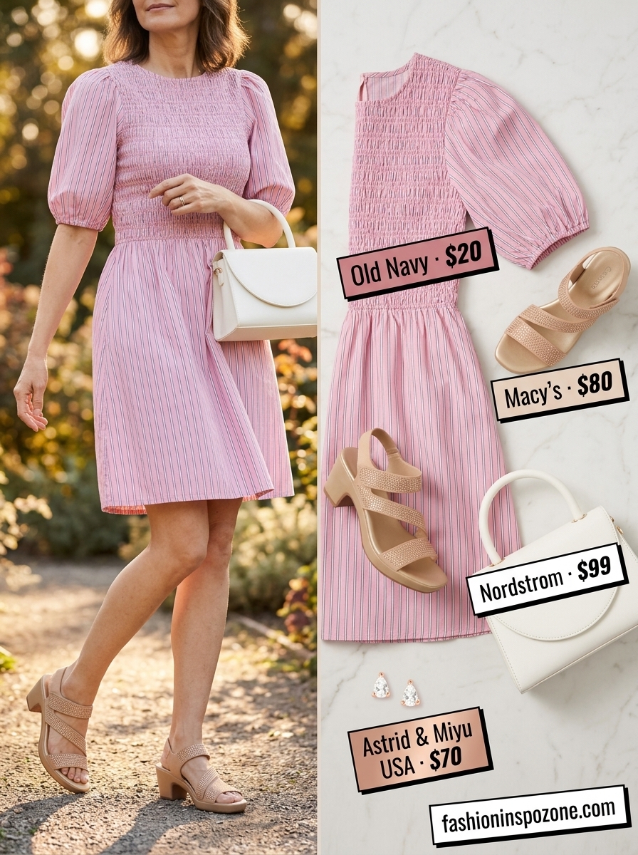 Chic Summer Outfit for Women Over 50 2026: Garden Party Chic summer outfit for women over 50 2026: Soft pink mini dress, rose gold accessories, and block heel sandals for a garden party.