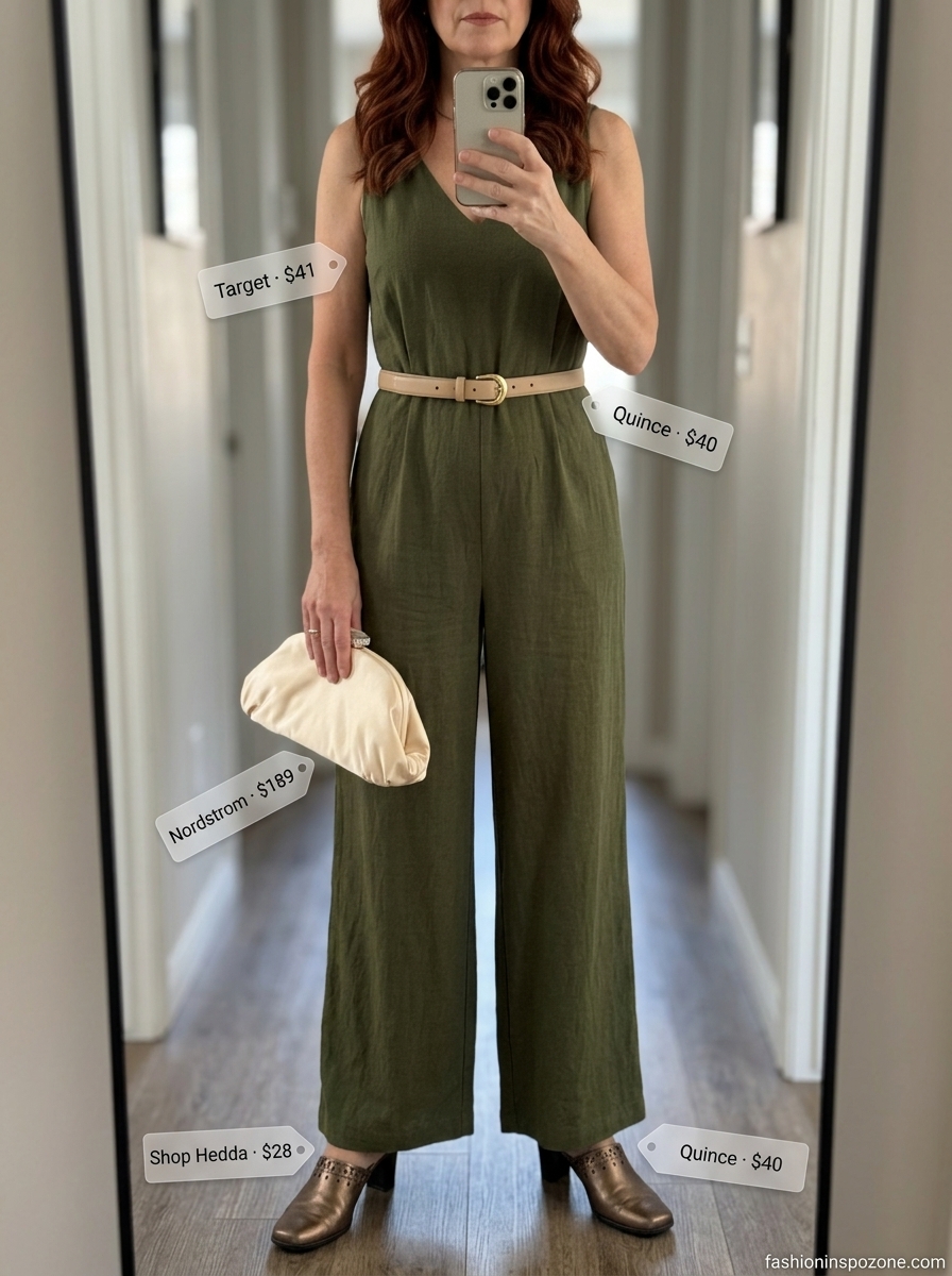 Chic Summer Outfit for Women Over 50 2026: Evening Glam Chic summer outfit for women over 50 2026: Olive green wide-leg jumpsuit, bronze mules, and beige clutch for evening events.