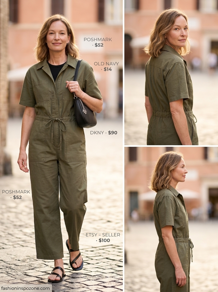 Chic Summer Outfit for Women Over 50 2026: Urban Explorer Chic summer outfit for women over 50 2026: Olive green utility jumpsuit, black tee, and leather sandals for a modern urban look.