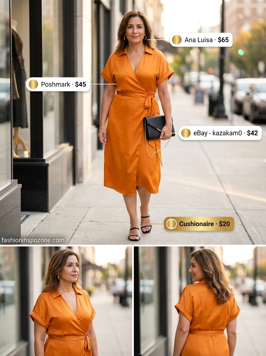 Chic summer outfit for women over 50 2026: Mango orange midi dress, black sandals, gold earrings for date night.