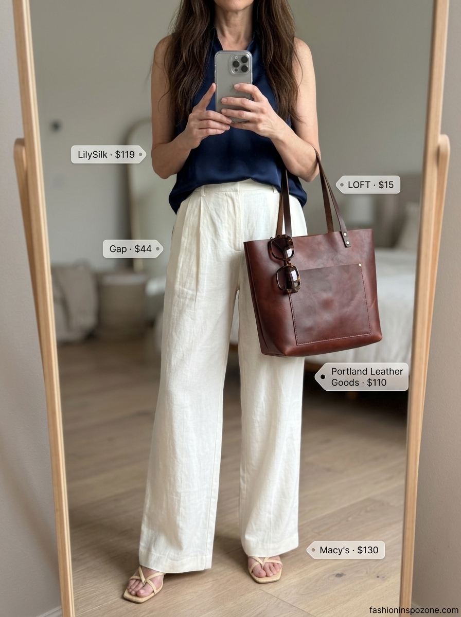 Chic Summer Outfit for Women Over 50 2026: Riviera Style Chic summer outfit for women over 50 2026: Navy blouse, white linen pants, tan espadrilles for travel.