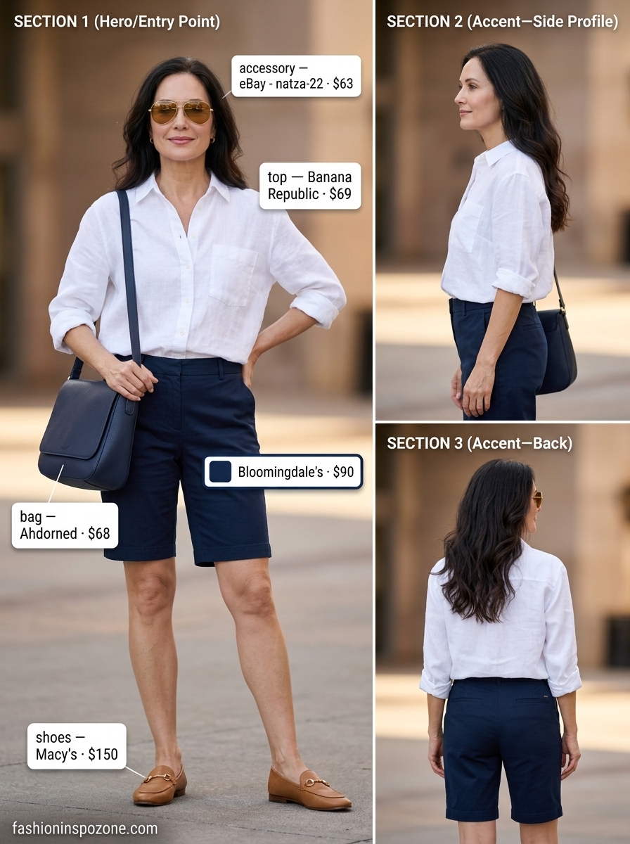 Chic Summer Outfit for Women Over 50 2026: Riviera Travel Chic summer outfit for women over 50 2026: Navy shorts, white linen shirt, tan loafers for travel.