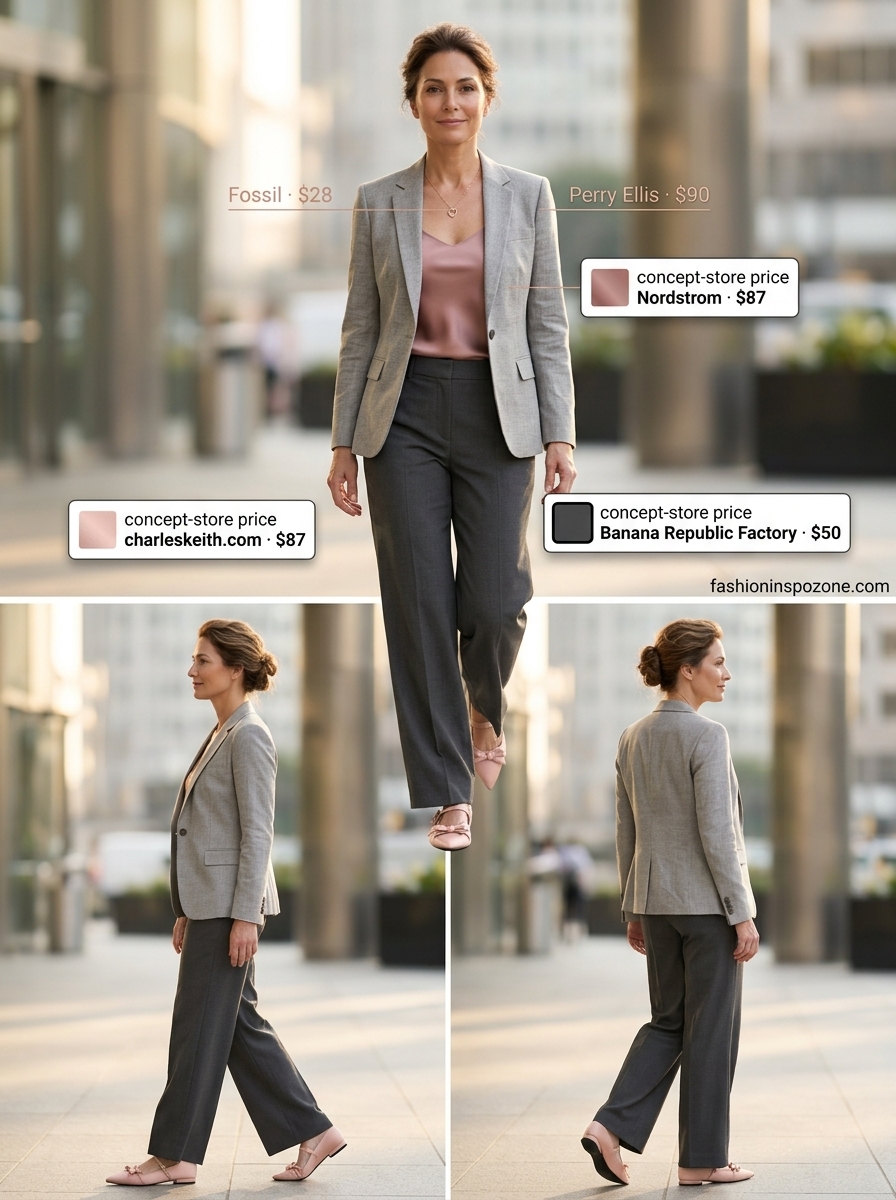 Chic Summer Outfit for Women Over 50 2026: Office Style Chic summer outfit for women over 50 2026: Charcoal grey trousers, blush pink silk cami, linen blazer for sophisticated office wear.
