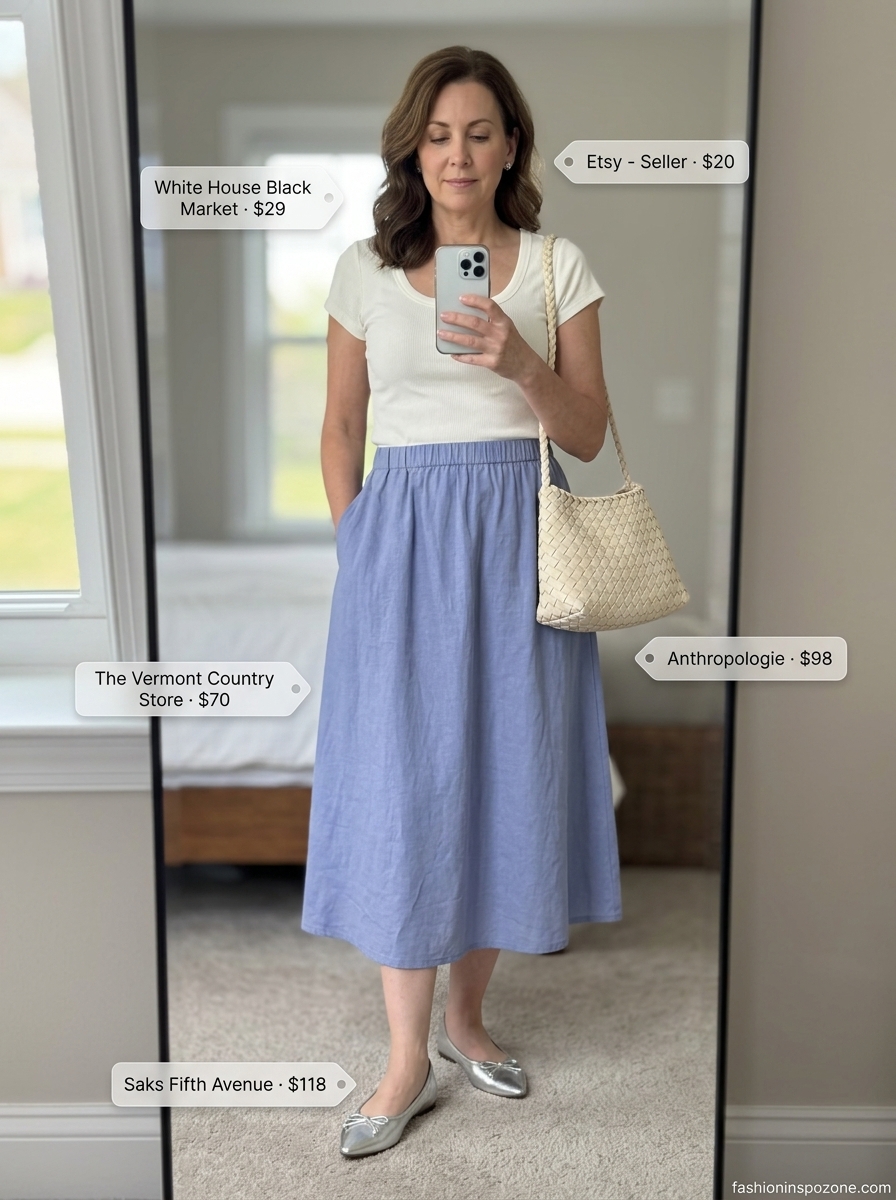 Chic Summer Outfit for Women Over 50 2026: Weekend Casual Chic summer outfit for women over 50 2026: Periwinkle skirt, ivory top, silver flats for weekend.
